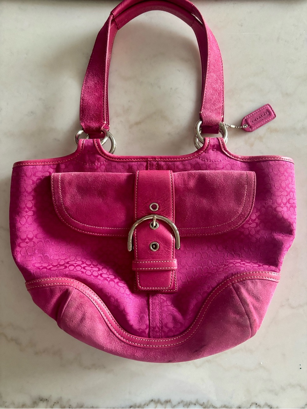 Vintage 2004 Coach Soho 7081 Hot Pink Signature Suede Buckle Tote Y2K